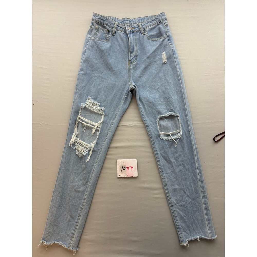 SHEIN Light Wash Distressed Straight Leg Jeans Frayed Hem Small